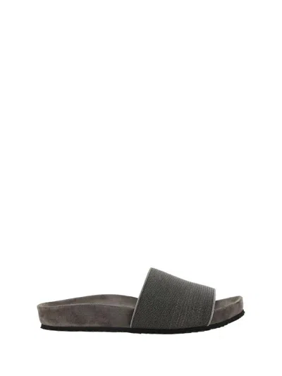 Brunello Cucinelli Grey Suede Slide Sandals With Monile Detail  Woman