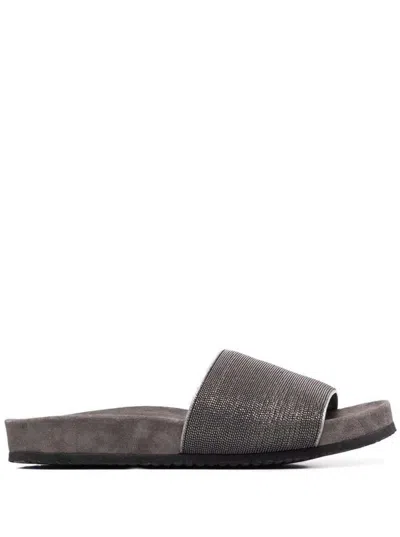 Brunello Cucinelli Grey Suede Slide Sandals With Monile Detail  Woman In Gray