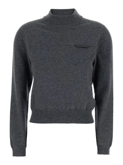 BRUNELLO CUCINELLI GREY SWEATER WITH MOCK NECK AND MONIL DETAIL ON THE FRONT IN CASHMERE WOMAN