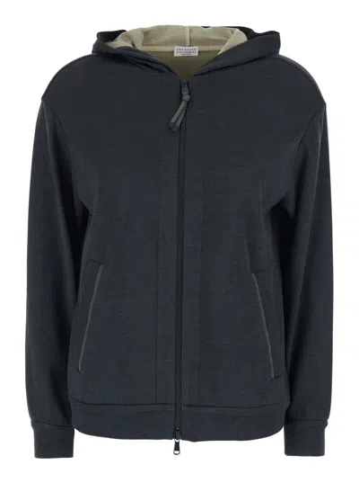 Brunello Cucinelli Grey Sweatshirt With Fixed Hood And Monil Detail On The Front In Cotton Blend Woman In Gray