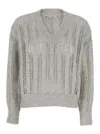 BRUNELLO CUCINELLI GREY V NECKL CARDIGAN WITH MICRO SEQUINS IN DAZZLING STRIPED NET WOMAN