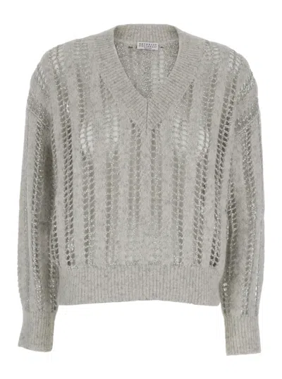 Brunello Cucinelli Grey V Neckl Cardigan With Micro Sequins In Dazzling Striped Net Woman