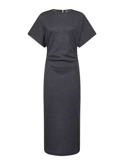 BRUNELLO CUCINELLI GREY VIRGIN WOOL MIDI DRESS WITH MONILI