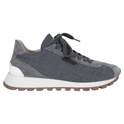 Pre-owned Brunello Cucinelli Grey Wool & Suede Monili Tab Sneakers Shoes 38 In Gray
