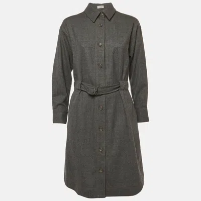 Pre-owned Brunello Cucinelli Grey Wool Belted Knee-length Shirt Dress M In Gray