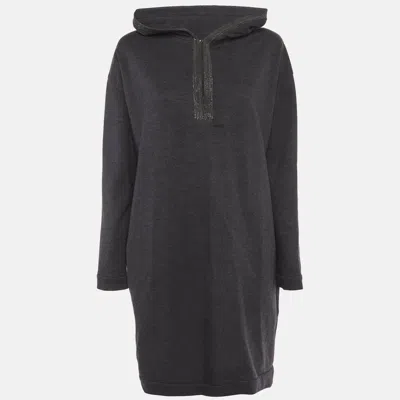 Pre-owned Brunello Cucinelli Grey Wool Blend Knit Monili Embellished Hoodie M In Gray