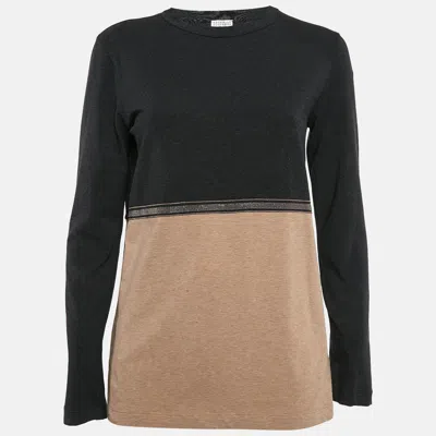 Pre-owned Brunello Cucinelli Grey/beige Monili Detail Cotton Long Sleeve T-shirt Xl