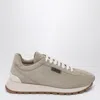 Brunello Cucinelli Beige Low Top Sneakers With Monil Detail On The Side And Embossed Logo Lettering On The Rear In Leat In Green