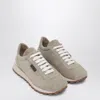 Brunello Cucinelli Beige Low Top Sneakers With Monil Detail On The Side And Embossed Logo Lettering On The Rear In Leat