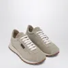 Brunello Cucinelli Beige Low Top Sneakers With Monil Detail On The Side And Embossed Logo Lettering On The Rear In Leat