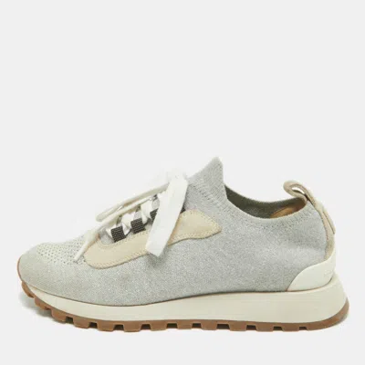 Pre-owned Brunello Cucinelli Grey/silver Suede And Mesh Low Top Sneakers Size 38.5 In Gray