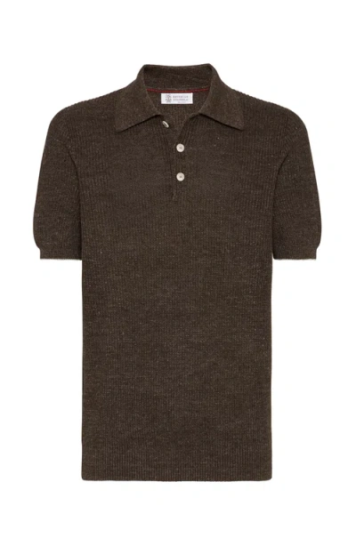 Brunello Cucinelli Half English Rib Knit Polo In Brown