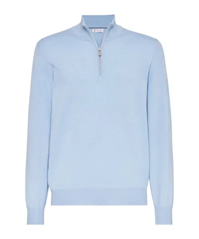 Brunello Cucinelli Half-zip Cashmere Cardigan In Blue