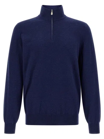 Brunello Cucinelli Half-zip Cashmere Sweater With Contrast Detailing In Blue