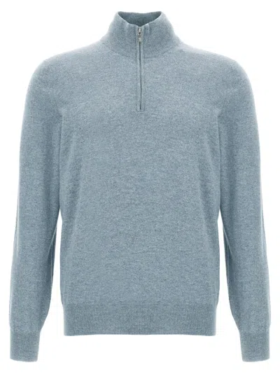 Brunello Cucinelli Half-zip Cashmere Sweater With Contrast Details In Blue