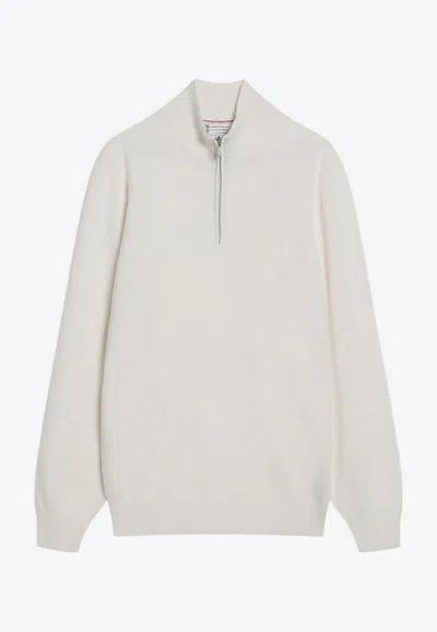 Brunello Cucinelli White Turtleneck Sweater With Zip Men