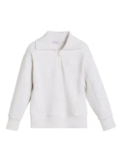 Brunello Cucinelli Kids' Half-zip Embroidered Sweatshirt In White