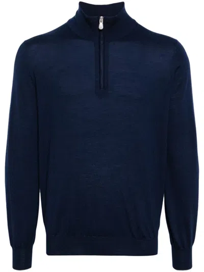 Brunello Cucinelli Half-zip Knitted Jumper In Blue