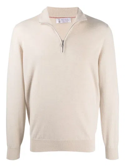BRUNELLO CUCINELLI BRUNELLO CUCINELLI HALF-ZIP NEUTRALS SWEATER WITH FITTED SILHOUETTE