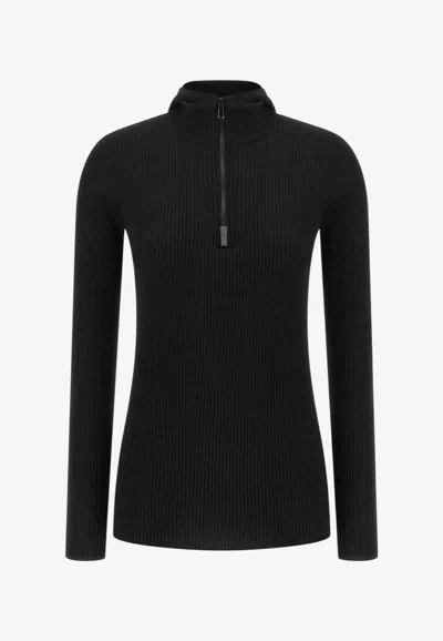 Brunello Cucinelli Half-zip Ribbed Knit Sweater In Black