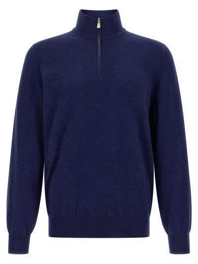 Brunello Cucinelli Blue Cashmere Blend Lightweight Half-zip Sweater
