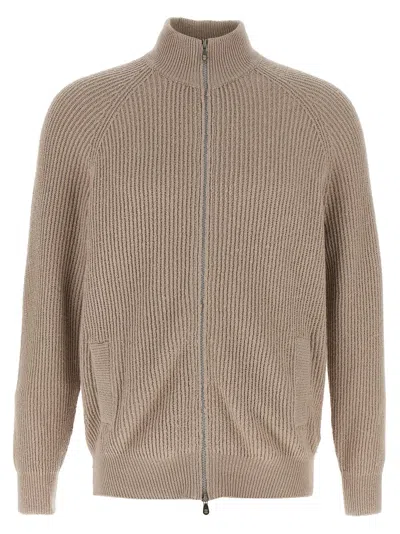 Brunello Cucinelli Half-ribbed Cotton Gauze Cardigan In Beige