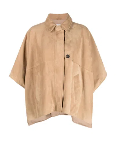 Brunello Cucinelli Half-sleeve Short Suede Cape In Brown