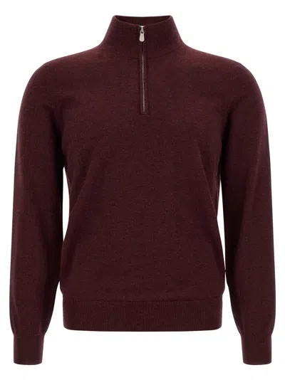 Brunello Cucinelli Cotton English Rib Sweater With Half Zip And Raglan Sleeves In Burgundy