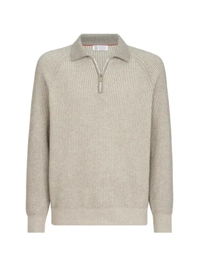 Brunello Cucinelli Cashmere-vanisé English-rib-knit Polo With Half-zip In Neutral