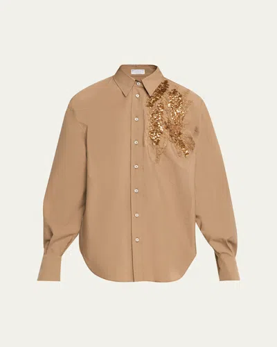 Brunello Cucinelli Halo Effect Embroidered Cotton-blend Shirt In Neutral