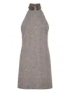 Brunello Cucinelli Halter-neck Herringbone Tweed Dress In Brown