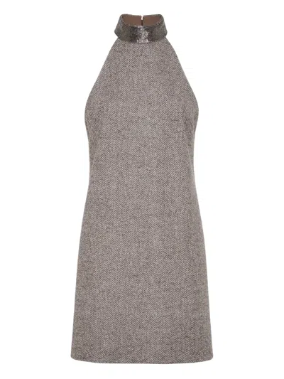 Brunello Cucinelli Halter-neck Herringbone Tweed Dress In Brown