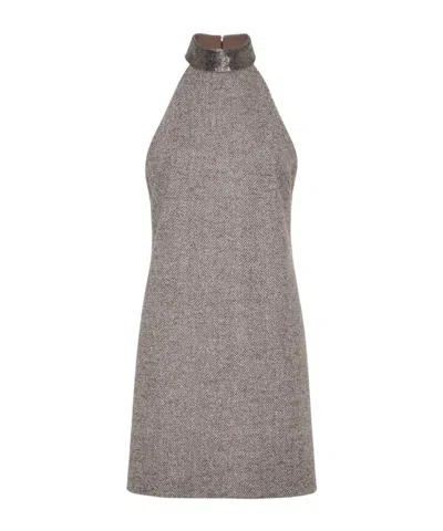 BRUNELLO CUCINELLI HALTER-NECK HERRINGBONE TWEED DRESS