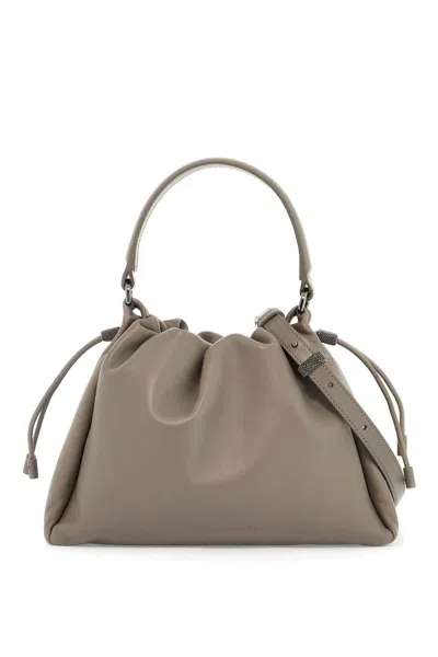 Brunello Cucinelli Leather Bucket Bag With Adjustable Strap In Grey