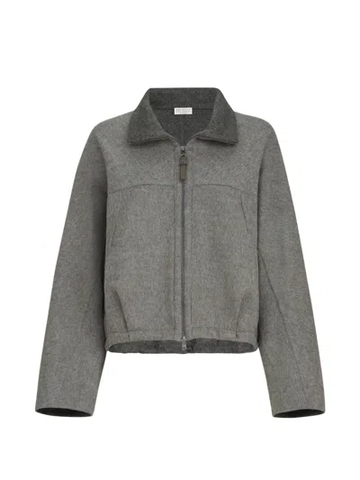 Brunello Cucinelli Hand-crafted Bomber Jacket In Virgin Wool Double Cloth With Shiny Zipper Pull In Gray