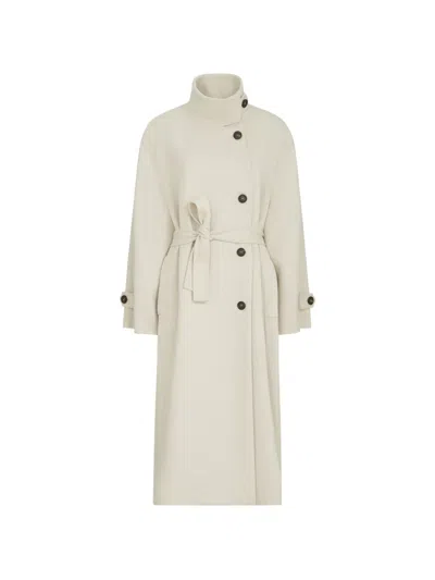Brunello Cucinelli Hand-crafted Coat In Cashmere-beaver Double Cloth With Belt And Monili In White