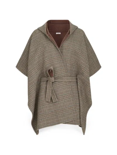 Brunello Cucinelli Hand-crafted Reversible Hooded Poncho In Cashmere Prince Of Wales Double Cloth In Purple