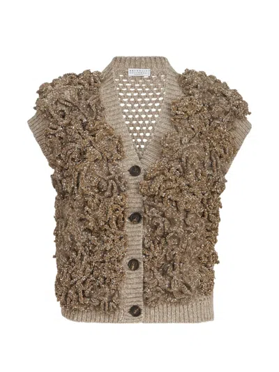 Brunello Cucinelli Handmade Dazzling Blossom Opera Knit Vest In Soft Virgin Wool And Cashmere In Neutral