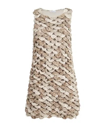Brunello Cucinelli Handmade Dazzling Shell Opera Knit Mini Dress In Jute And Cotton In Multi