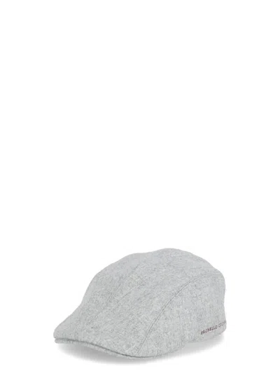 Brunello Cucinelli Men's Logo Wool Hat In Pearl+red