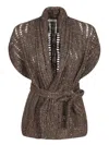 Brunello Cucinelli Hazelnut Crochet Belted Cardigan