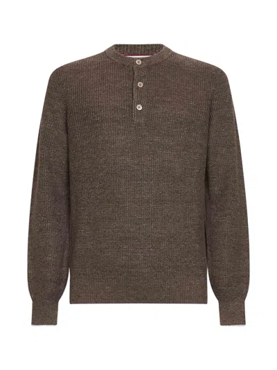 Brunello Cucinelli Hazelnut Half English Rib Cotton And Linen Knit Henley Sweater In Brown