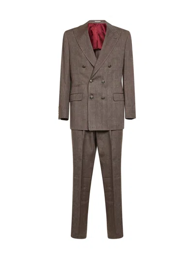 Brunello Cucinelli Hazelnut Linen And Virgin Wool Chevron Suit In Silver