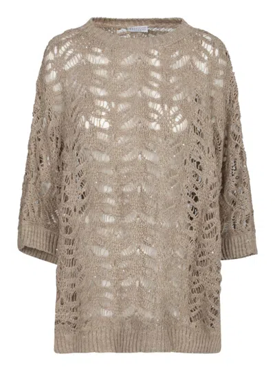 Brunello Cucinelli Hazelnut Lurex Crochet Boatneck Sweater In Beige