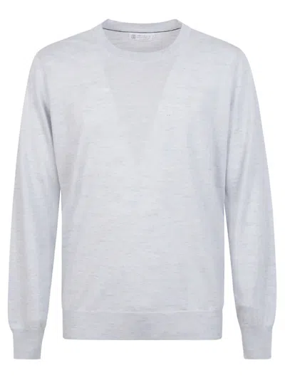 Brunello Cucinelli Heathered Crew Neck Knitwear Sweater In Blue
