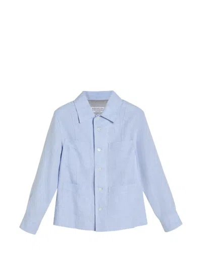 Brunello Cucinelli Kids' Hemp, Linen And Cotton Diagonal Guayabera In Blue