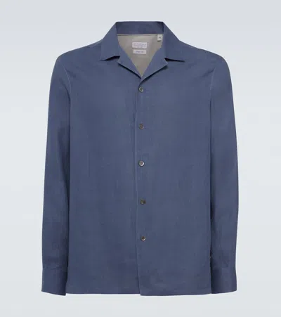 Brunello Cucinelli Relaxed Linen Shirt Long Sleeve Style In Blue