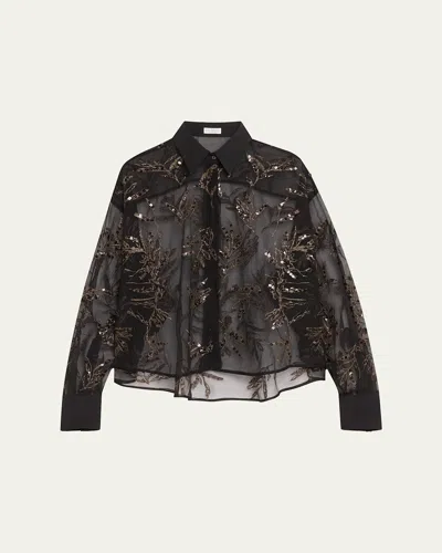 Brunello Cucinelli Herbarium Embroidered Crispy Silk Organza Shirt In Black