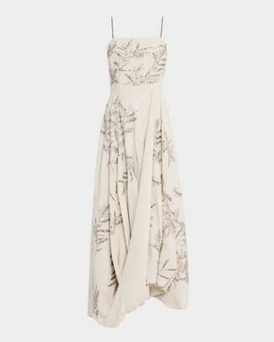 Brunello Cucinelli Herbarium Embroidered Linen Bubble Midi Dress