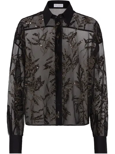 BRUNELLO CUCINELLI FLORA EMBROIDERED SILK SHIRT